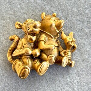 Disney Winnie The Pooh Tigger Piglet Brooch Gold Tone Pin Signed Vintage Collect